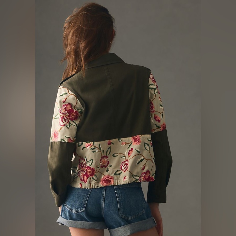 Anthropologie Tiny Leslie Embroidered Dark Green Utility Jacket Size XS